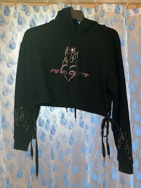 Forever 21 Black Cropped Hoodie with Rhinestone Flame Detail